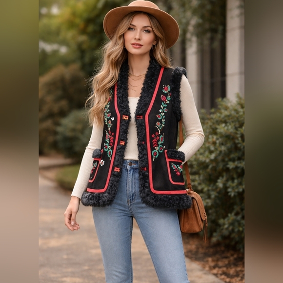 Handcrafted by craftsmen Jackets & Blazers - Embroidered Leather Suede Black Vest with Handcrafted by craftsmen..No Tag